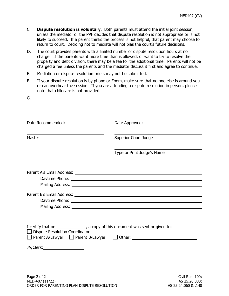 Form MED-407 Order for Parenting Plan Dispute Resolution - Alaska, Page 2