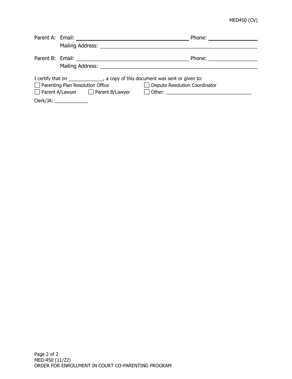 Form MED-450 Order for Enrollment in Court Co-parenting Program - Alaska, Page 2