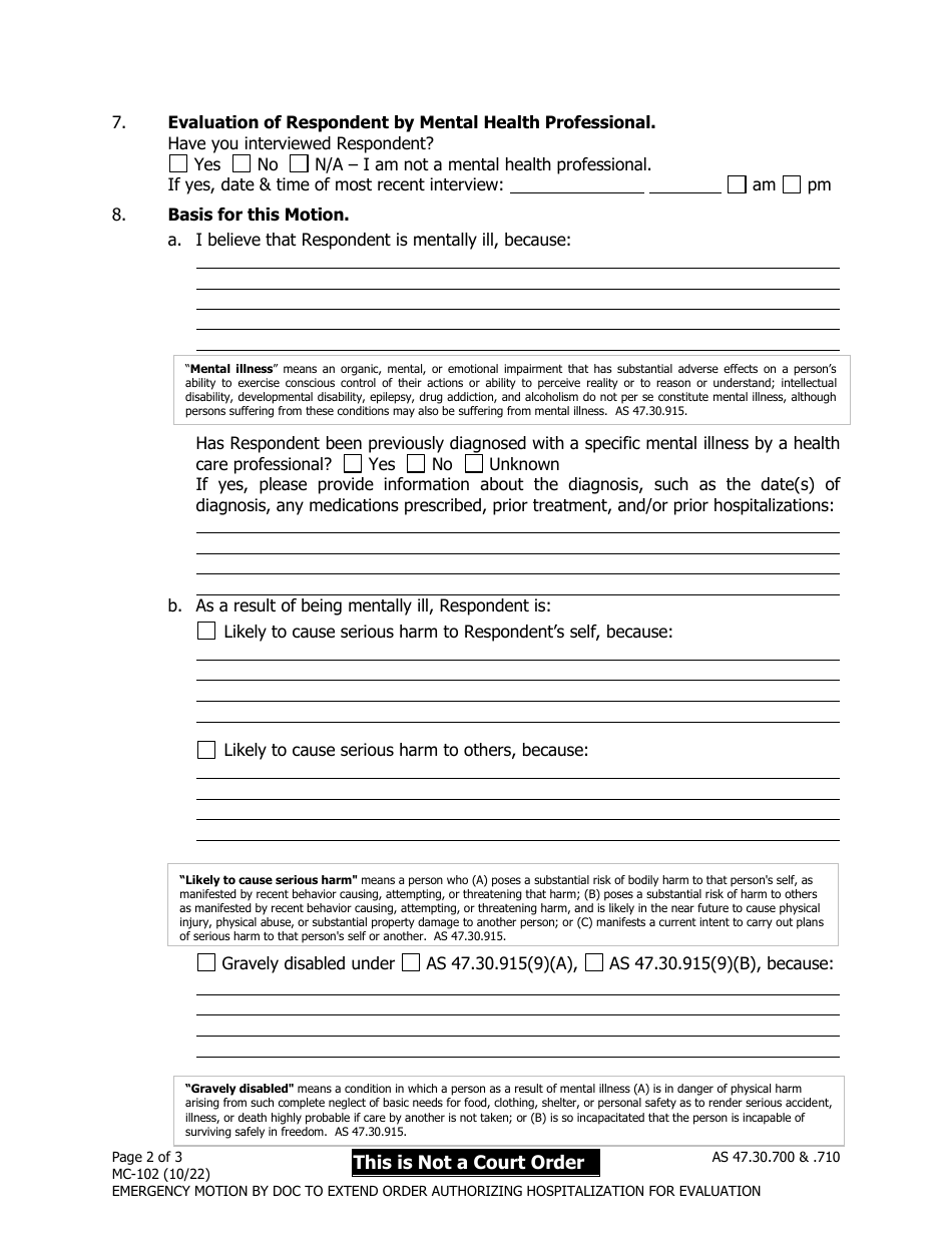 Form MC-102 Emergency Motion by Department of Corrections to Extend Order Authorizing Hospitalization for Evaluation - Alaska, Page 2