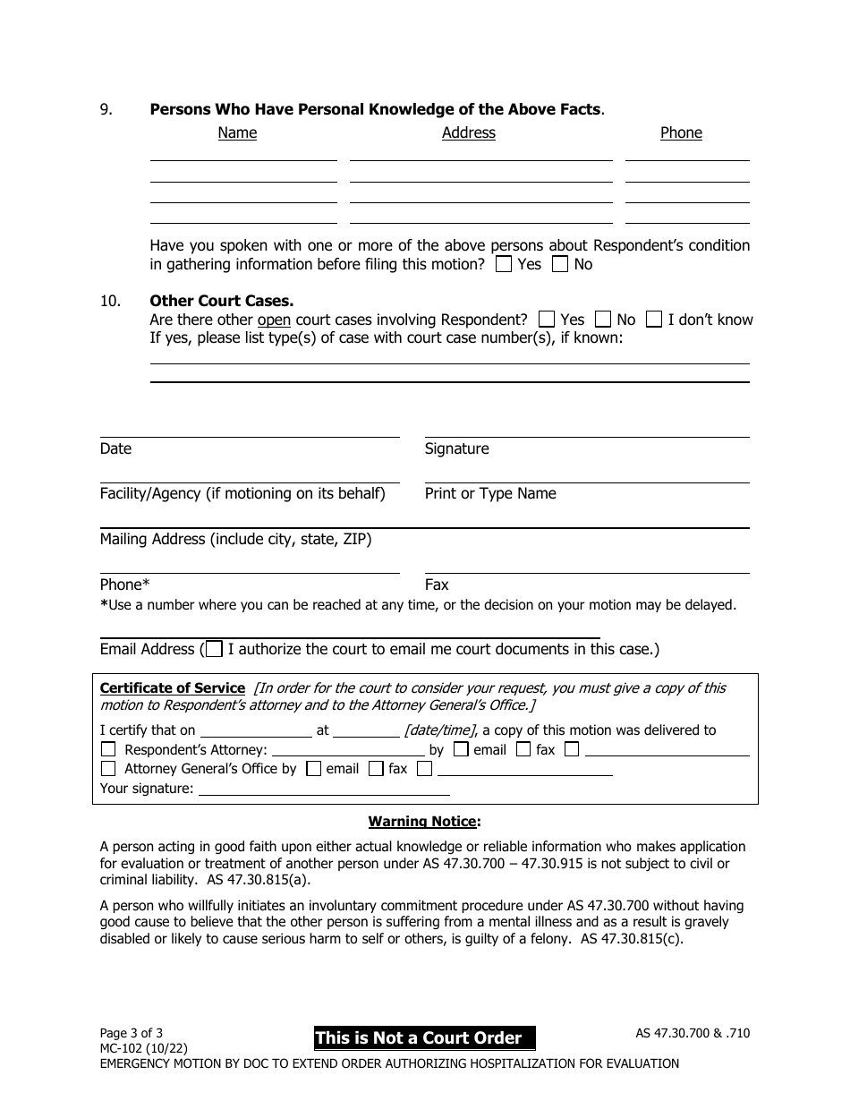 Form MC-102 Emergency Motion by Department of Corrections to Extend Order Authorizing Hospitalization for Evaluation - Alaska, Page 3