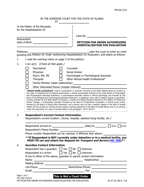 Form MC-100 Petition for Order Authorizing Hospitalization for Evaluation - Alaska