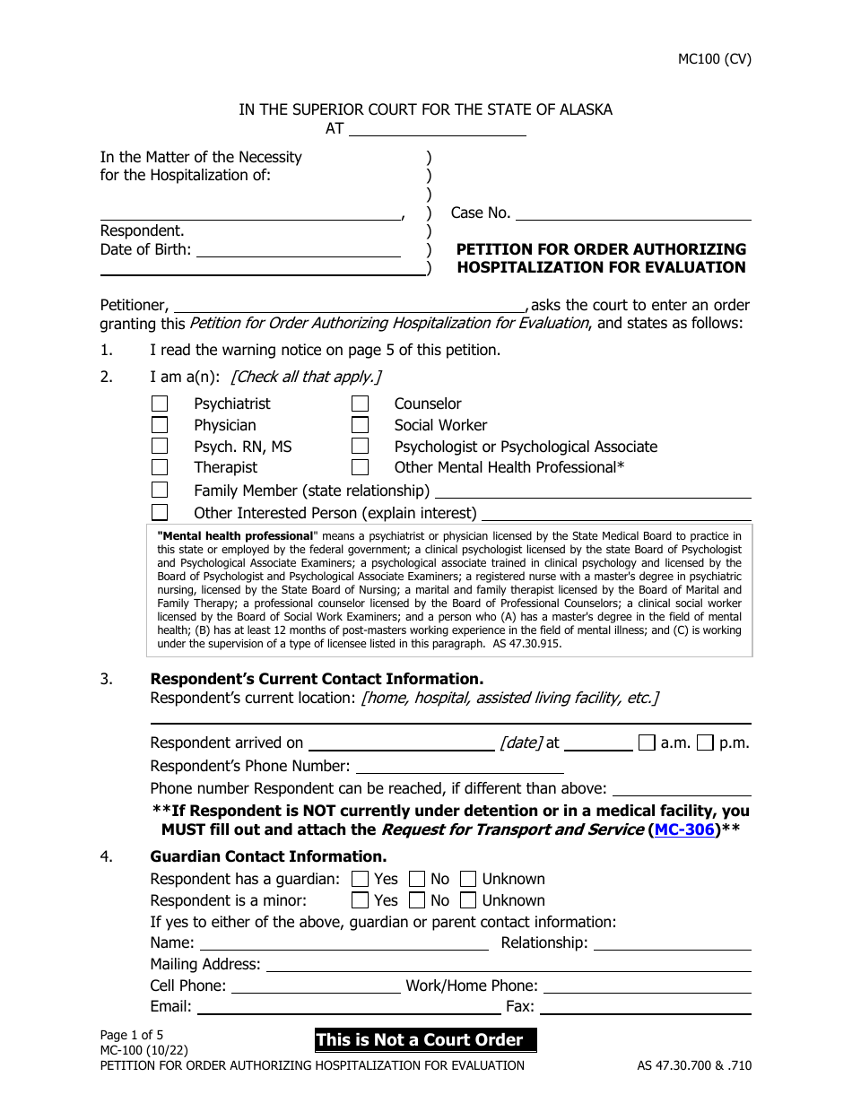 Form MC-100 Petition for Order Authorizing Hospitalization for Evaluation - Alaska, Page 1