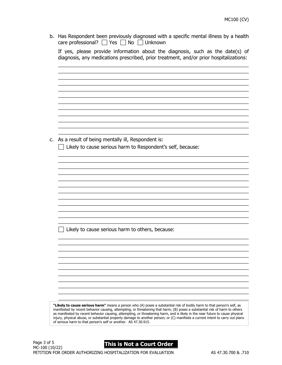 Form MC-100 Petition for Order Authorizing Hospitalization for Evaluation - Alaska, Page 3
