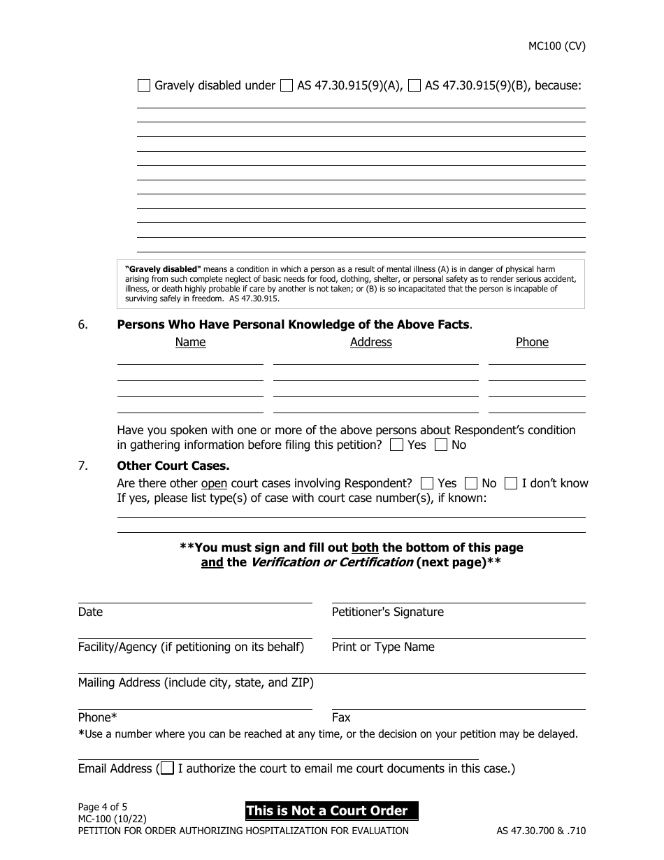 Form MC-100 Petition for Order Authorizing Hospitalization for Evaluation - Alaska, Page 4