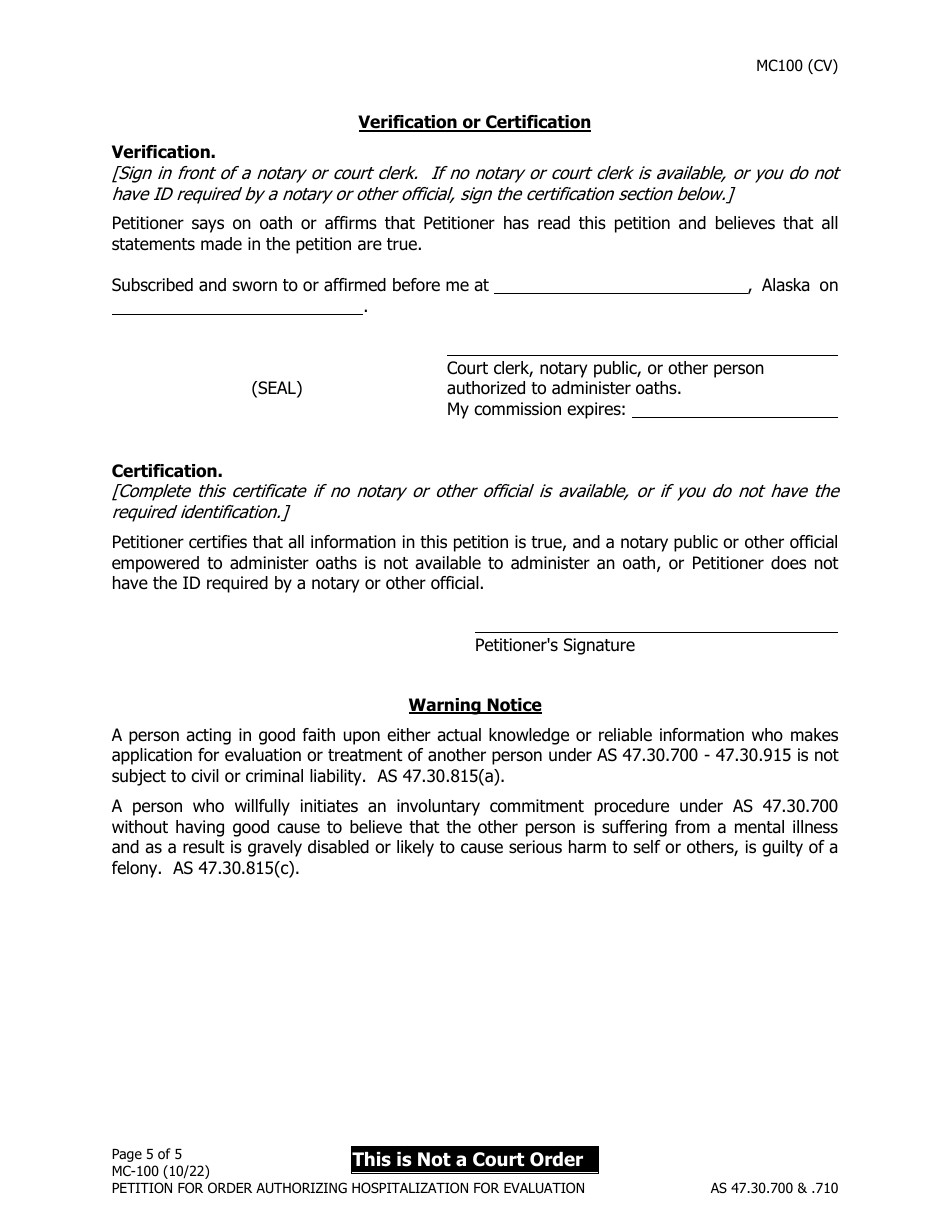Form MC-100 Petition for Order Authorizing Hospitalization for Evaluation - Alaska, Page 5