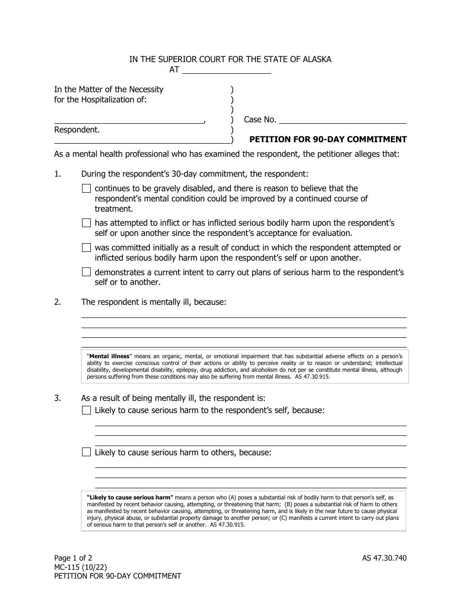 Form MC-115 Petition for 90-day Commitment - Alaska, Page 1