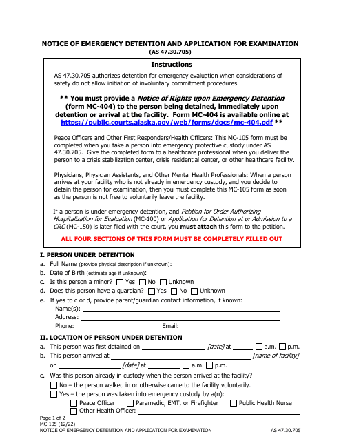 Form MC-105 Notice of Emergency Detention and Application for Examination - Alaska