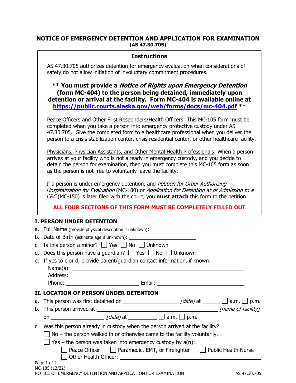 Form MC-105 Notice of Emergency Detention and Application for Examination - Alaska, Page 1
