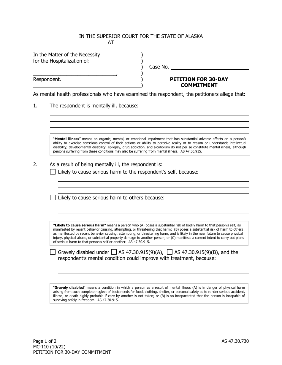 Form MC-110 Download Fillable PDF or Fill Online Petition for 30-day ...
