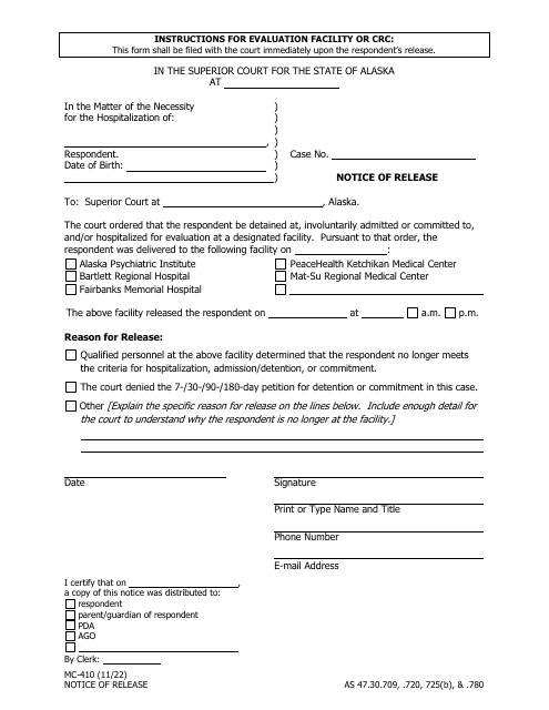 Form MC-410 Notice of Release - Alaska