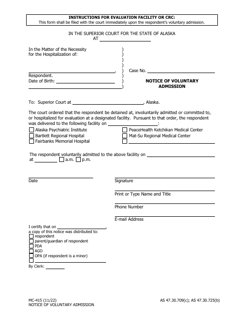 Form MC-415 Notice of Voluntary Admission - Alaska