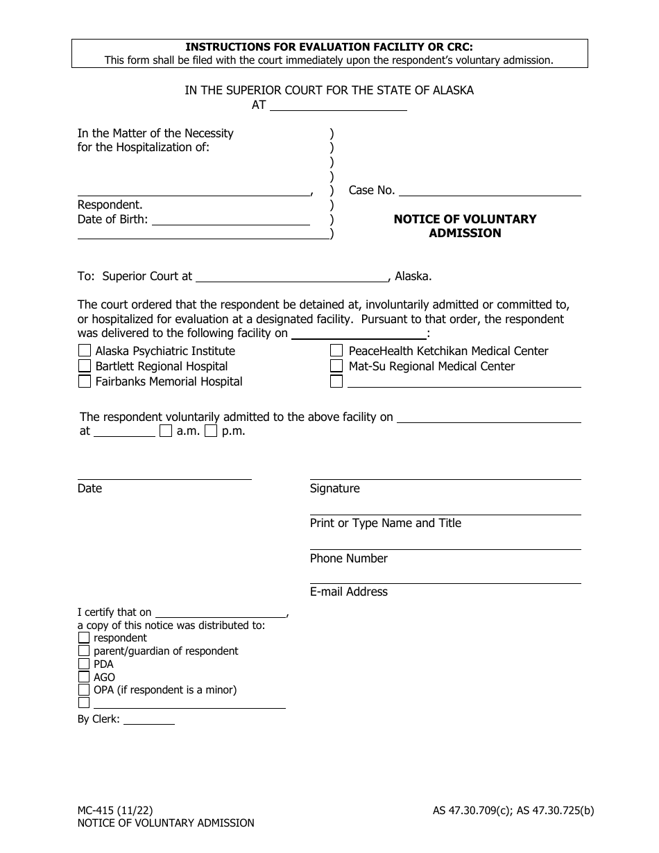 Form MC-415 Notice of Voluntary Admission - Alaska, Page 1