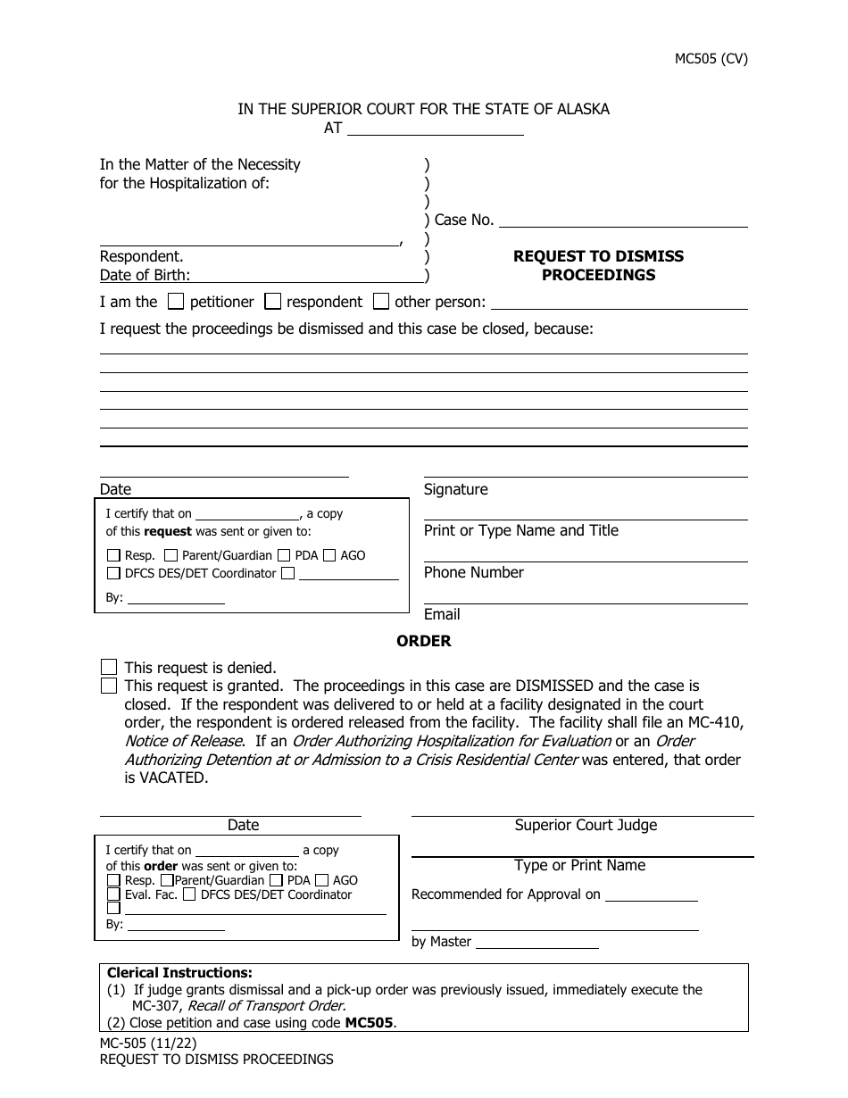 Form Mc 505 Download Fillable Pdf Or Fill Online Request To Dismiss Proceedings Alaska 2018 8298