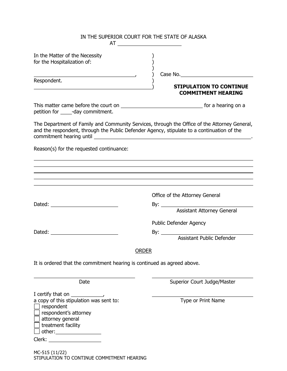 Form MC-515 Stipulation to Continue Commitment Hearing - Alaska, Page 1
