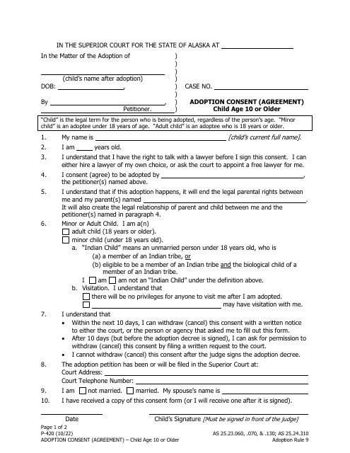 Form P-420 Adoption Consent (Agreement) - Child Age 10 or Older - Alaska