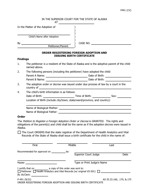 Form P-491 Order Registering Foreign Adoption and Issuing Birth Certificate - Alaska