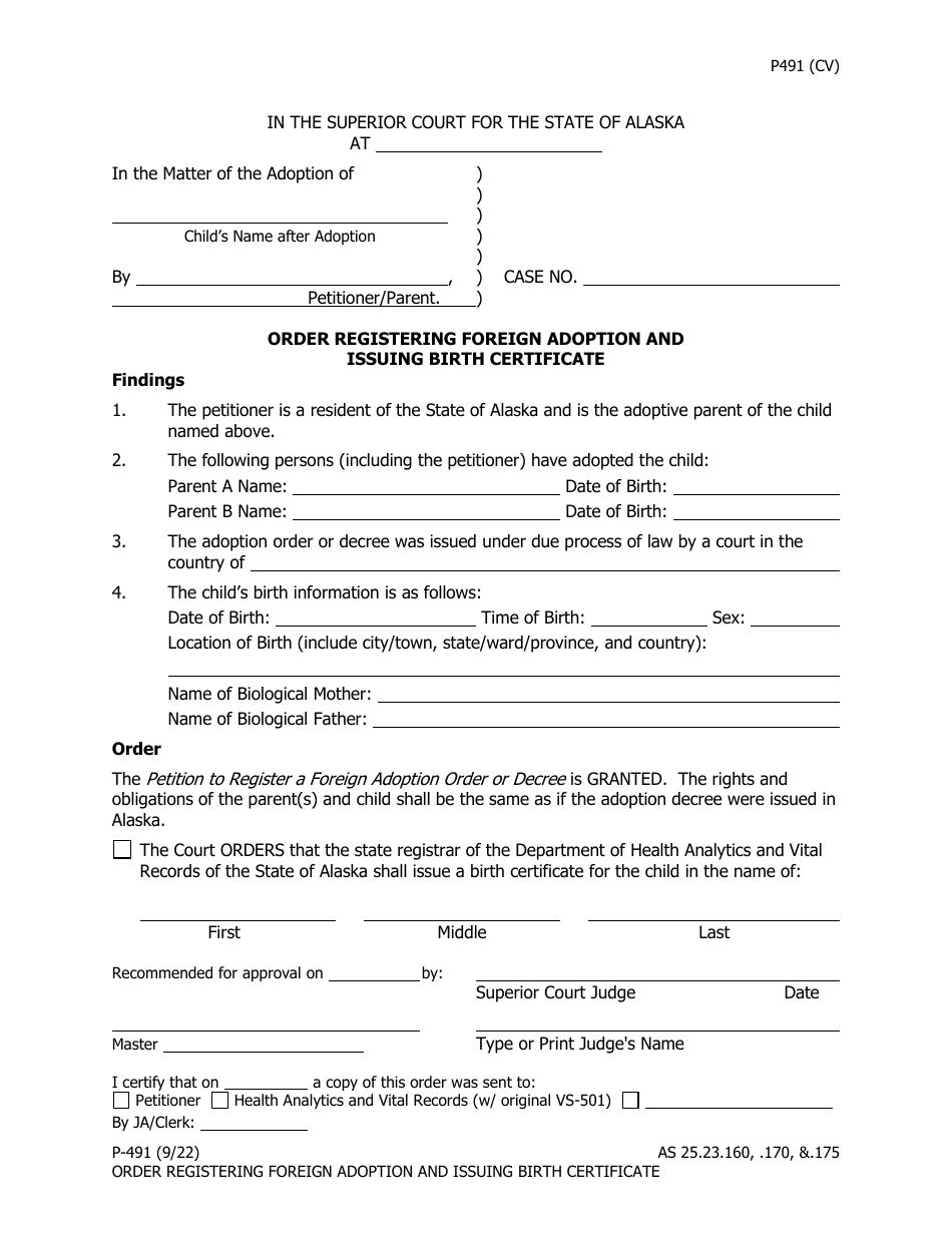 Form P-491 Order Registering Foreign Adoption and Issuing Birth Certificate - Alaska, Page 1