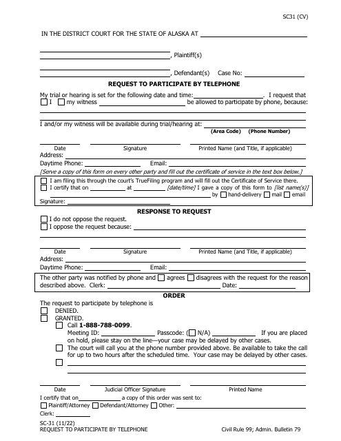 Form SC-31 Request to Participate by Telephone - Alaska