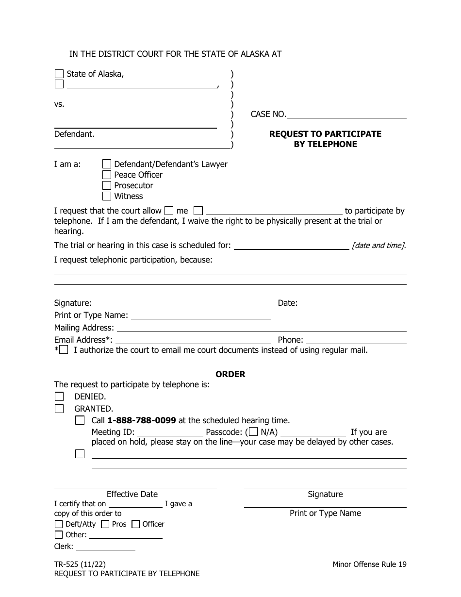 Form Tr 525 Download Fillable Pdf Or Fill Online Request To Participate By Telephone Alaska 3060