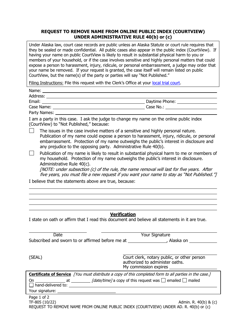 Form TF-805 - Fill Out, Sign Online and Download Fillable PDF, Alaska ...