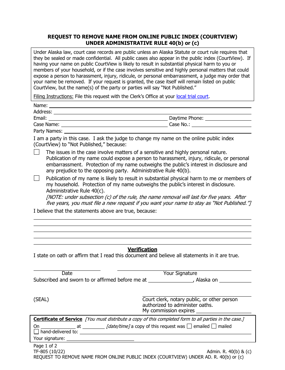 Form TF-805 Request to Remove Name From Online Public Index (Courtview) Under Administrative Rule 40(B) or (C) - Alaska, Page 1
