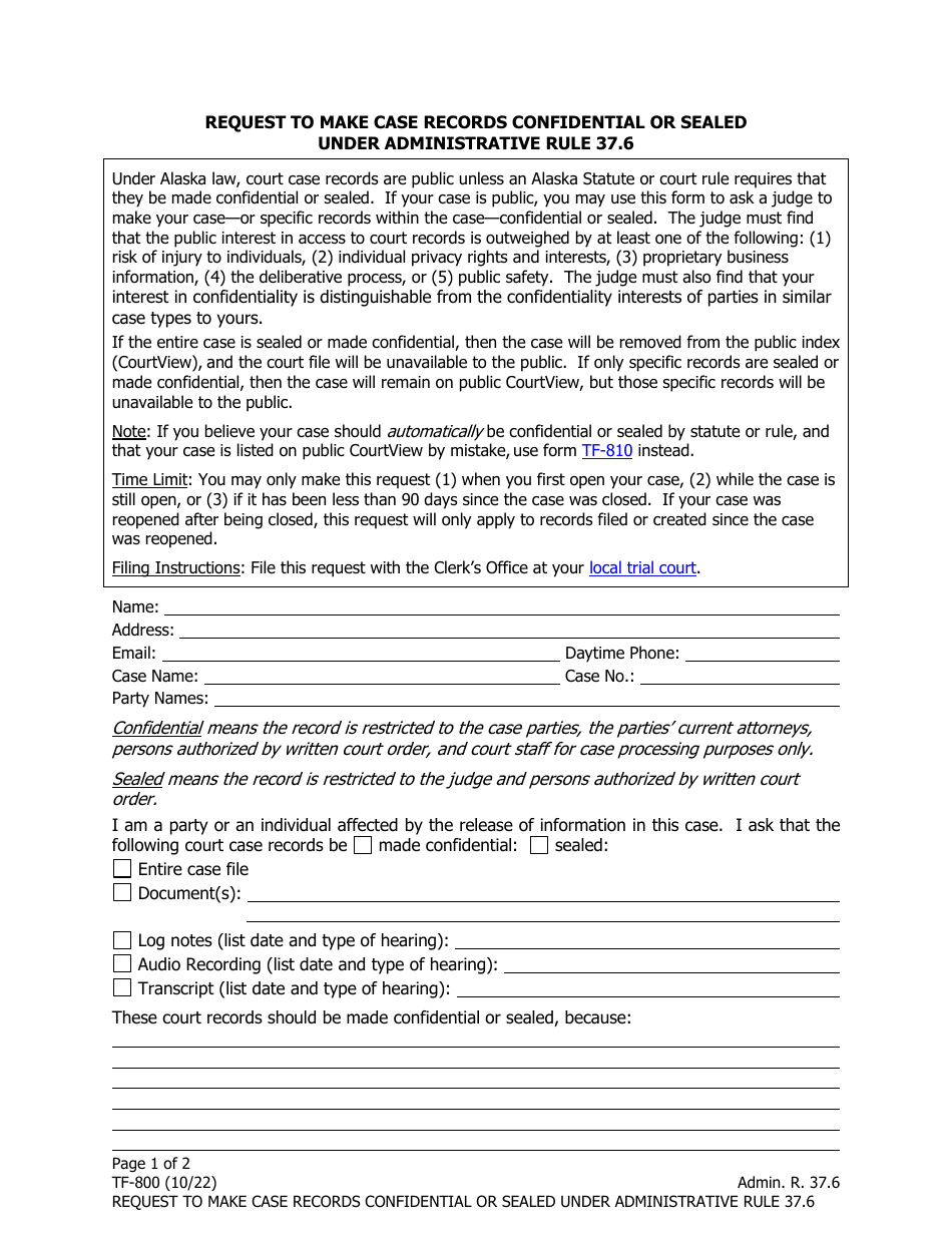 Form TF-800 Request to Make Case Records Confidential or Sealed Under Administrative Rule 37.6 - Alaska, Page 1