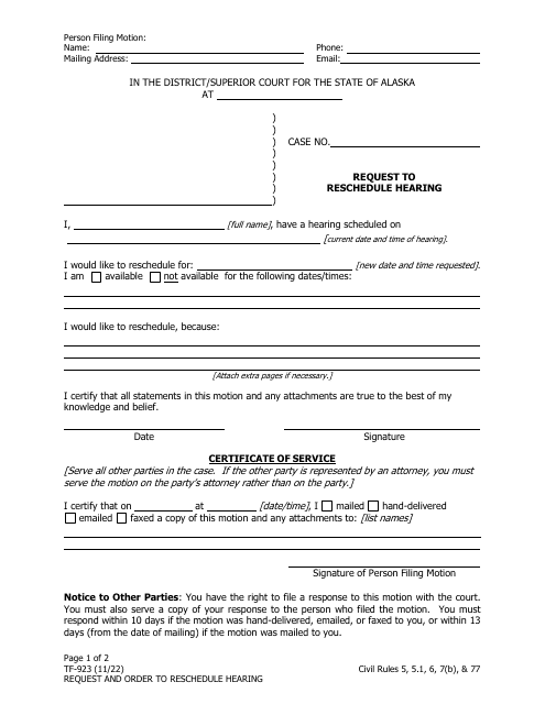 Form TF-923 Request to Reschedule Hearing - Alaska