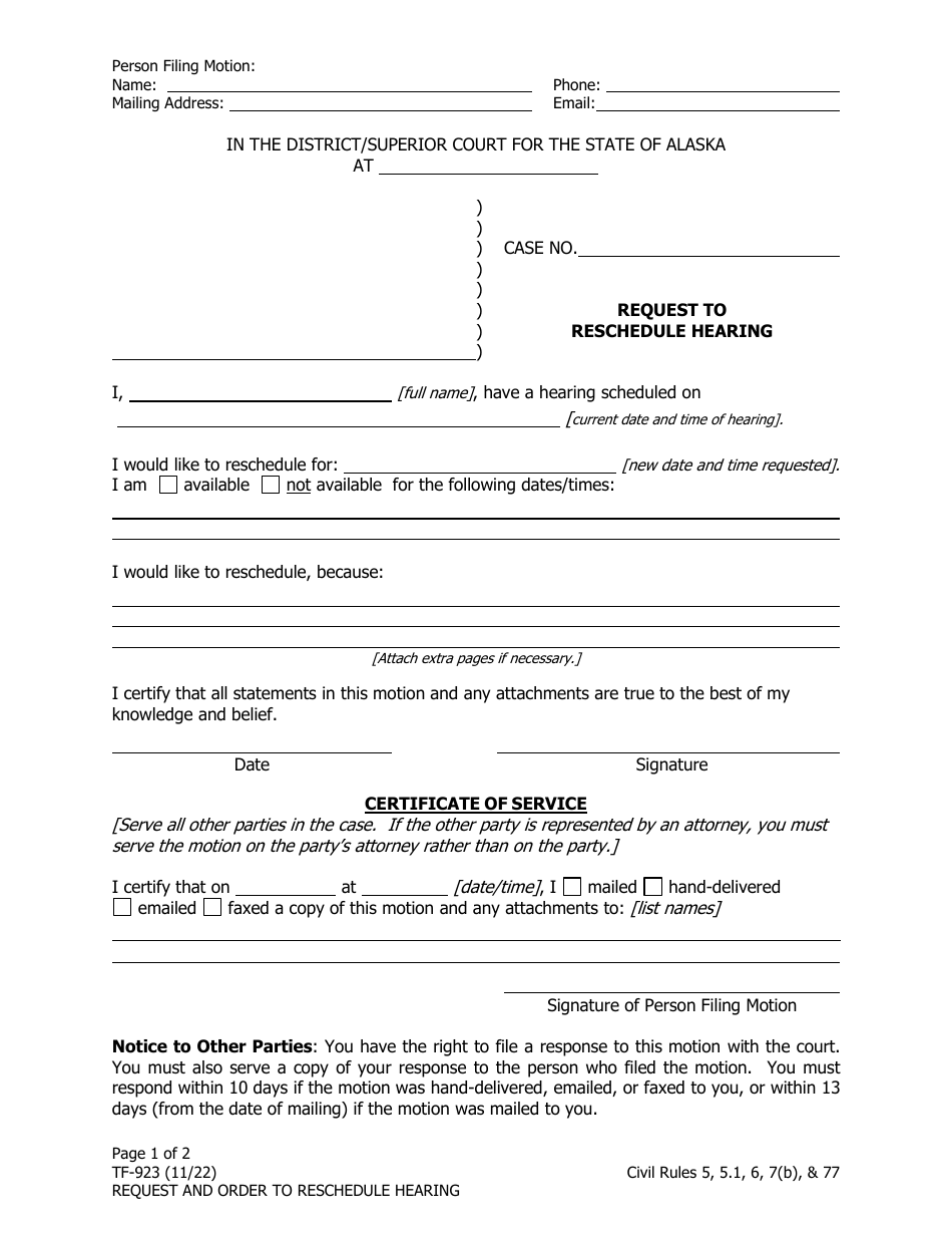 Form TF-923 Request to Reschedule Hearing - Alaska, Page 1