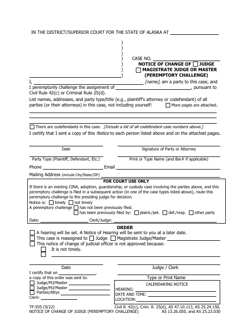 Form TF-935 Notice of Change of Judge (Peremptory Challenge) - Alaska