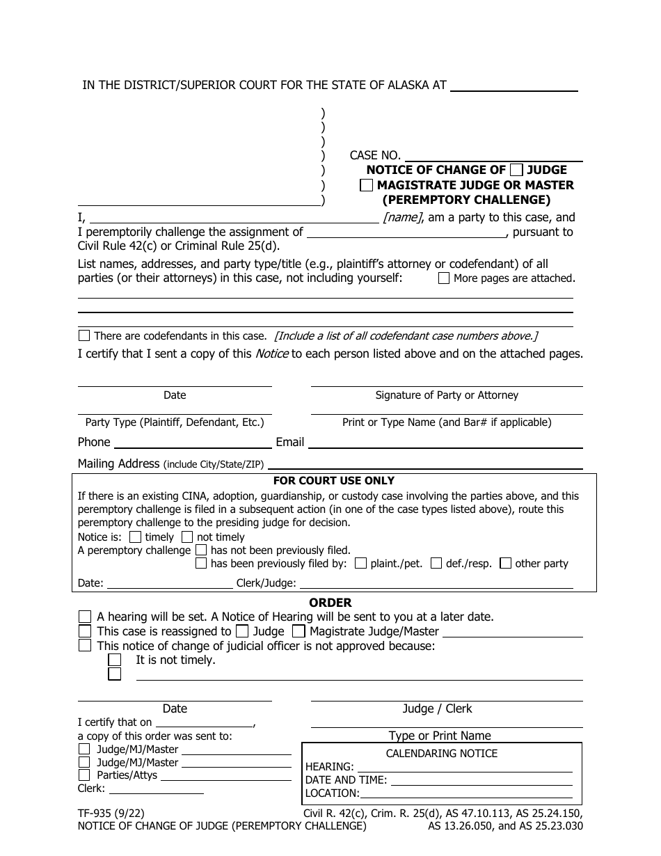 Form TF-935 Notice of Change of Judge (Peremptory Challenge) - Alaska, Page 1