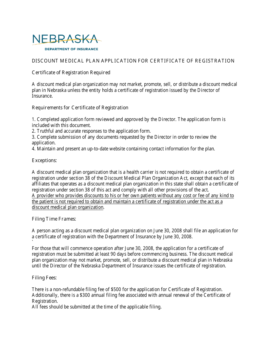 Nebraska Discount Medical Plan Application for Certificate of