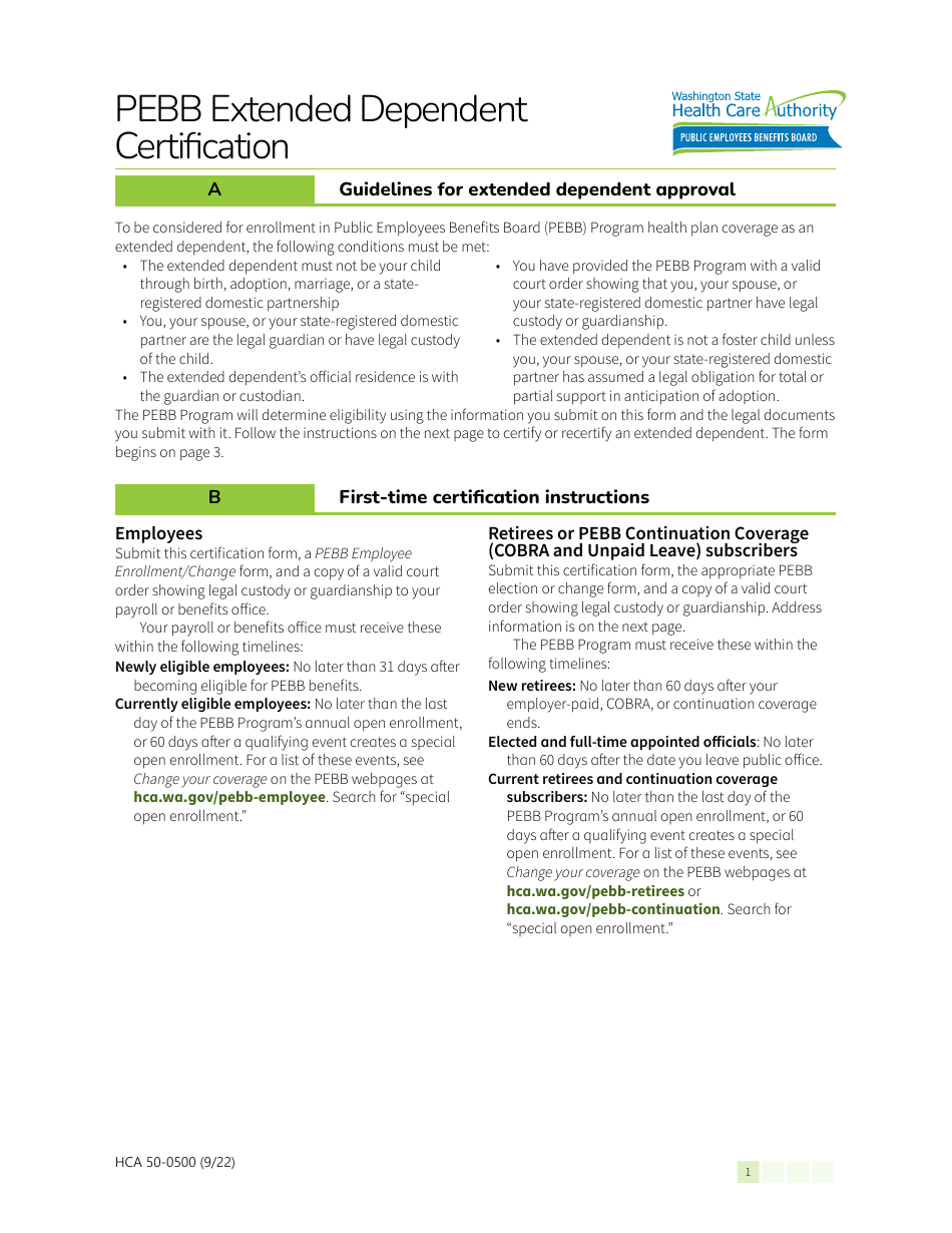 Form HCA50-0500 Pebb Extended Dependent Certification - Washington, Page 1