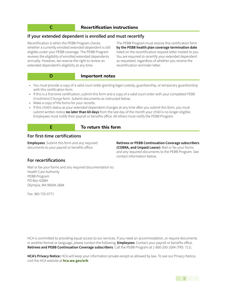 Form HCA50-0500 Pebb Extended Dependent Certification - Washington, Page 2