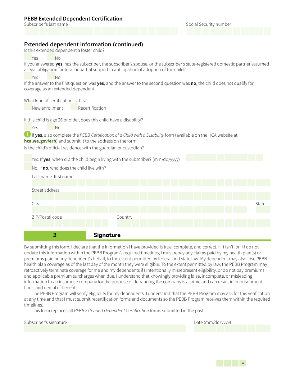 Form HCA50-0500 Pebb Extended Dependent Certification - Washington, Page 4