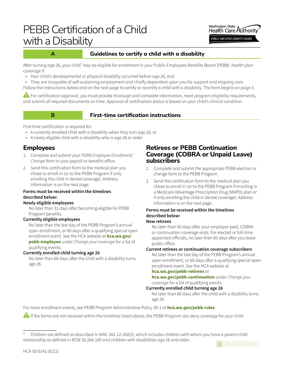 Form HCA50-0142 Pebb Certification of a Child With a Disability - Washington, Page 1