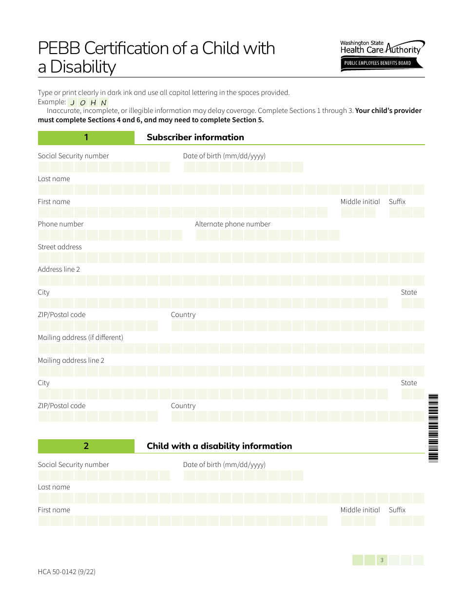 Form HCA50-0142 Pebb Certification of a Child With a Disability - Washington, Page 3