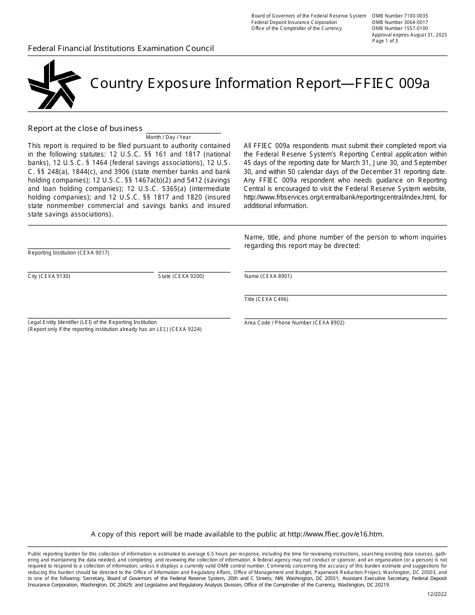 Form FFIEC009A Country Exposure Information Report, Page 1