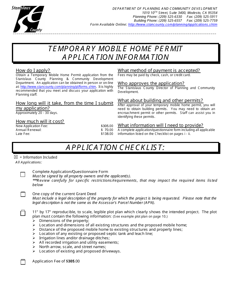 Temporary Mobile Home Permit Application - Stanislaus County, California, Page 1