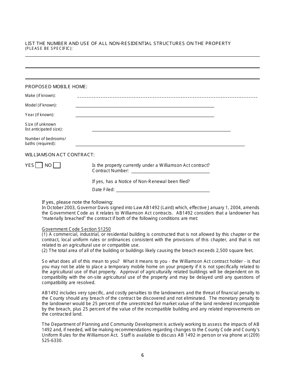 Temporary Mobile Home Permit Application - Stanislaus County, California, Page 6