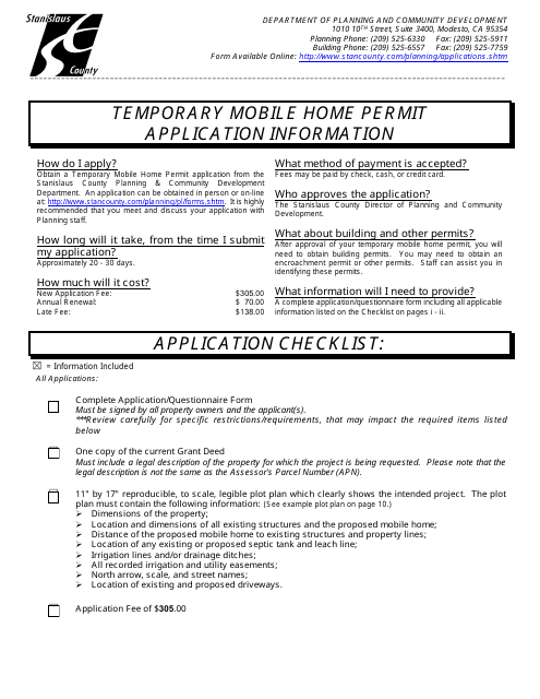 Temporary Mobile Home Permit Application - Stanislaus County, California
