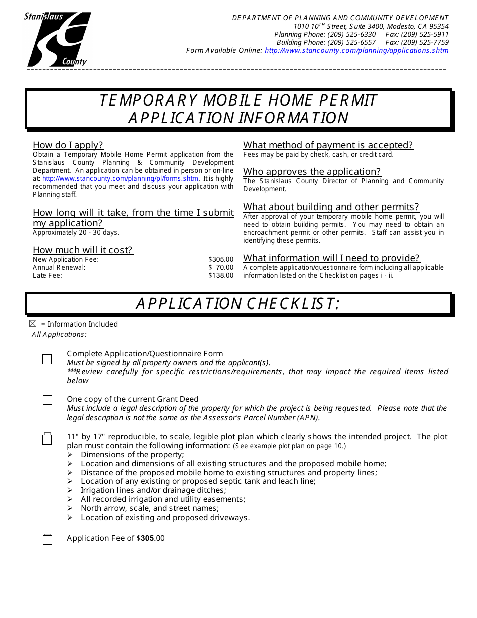 Stanislaus County, California Temporary Mobile Home Permit Application