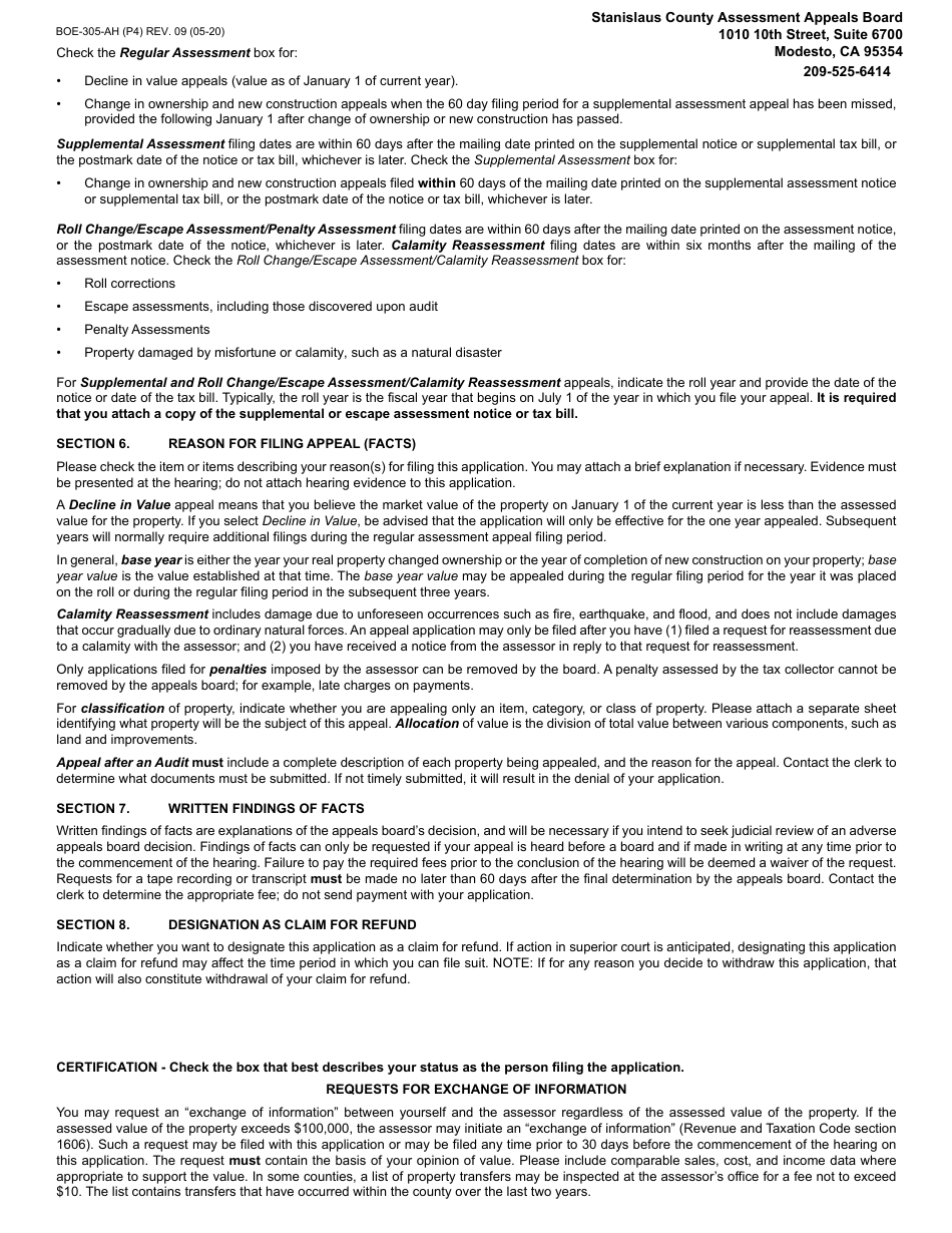 Instructions for Form BOE-305-AH Assessment Appeal Application - Stanislaus County, California, Page 2