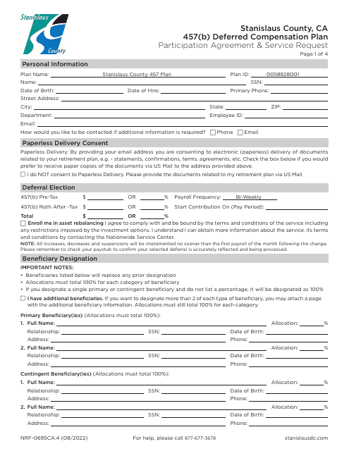 Document preview: Form NRF-0695CA.4 Participation Agreement & Service Request - 457(B) Deferred Compensation Plan - Stanislaus County, California