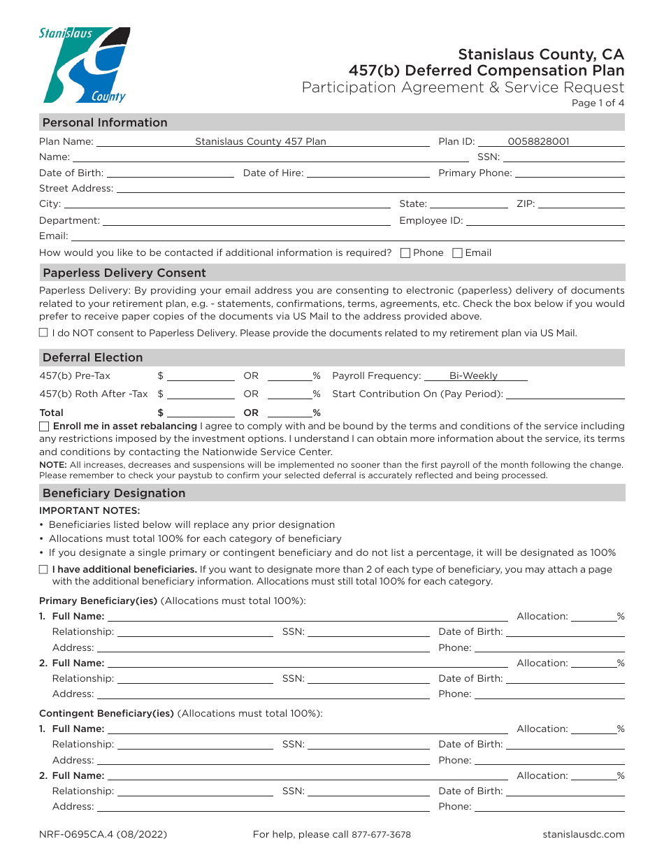 Form NRF-0695CA.4 Participation Agreement  Service Request - 457(B) Deferred Compensation Plan - Stanislaus County, California, Page 1