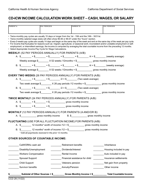Form CCD29 Cd-Icw Income Calculation Work Sheet - Cash, Wages, or Salary - California