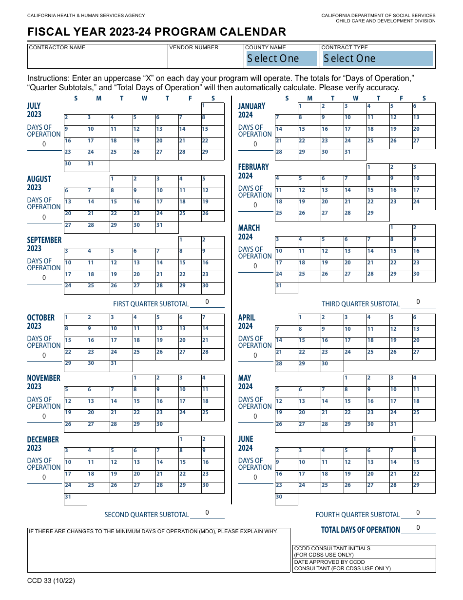 Form CCD33 Program Calendar - California, Page 1