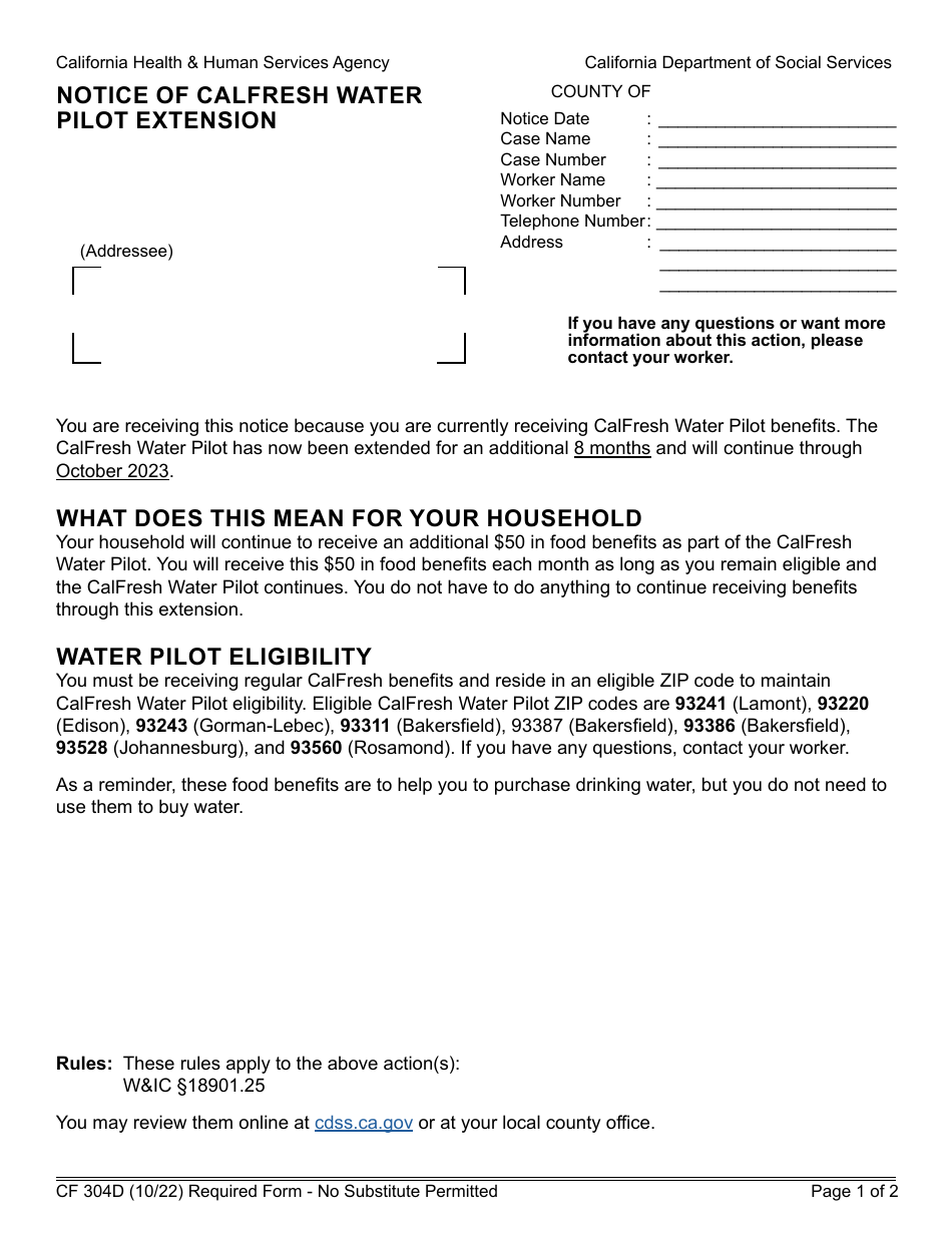 Form CF304D Notice of CalFresh Water Pilot Extension - California, Page 1
