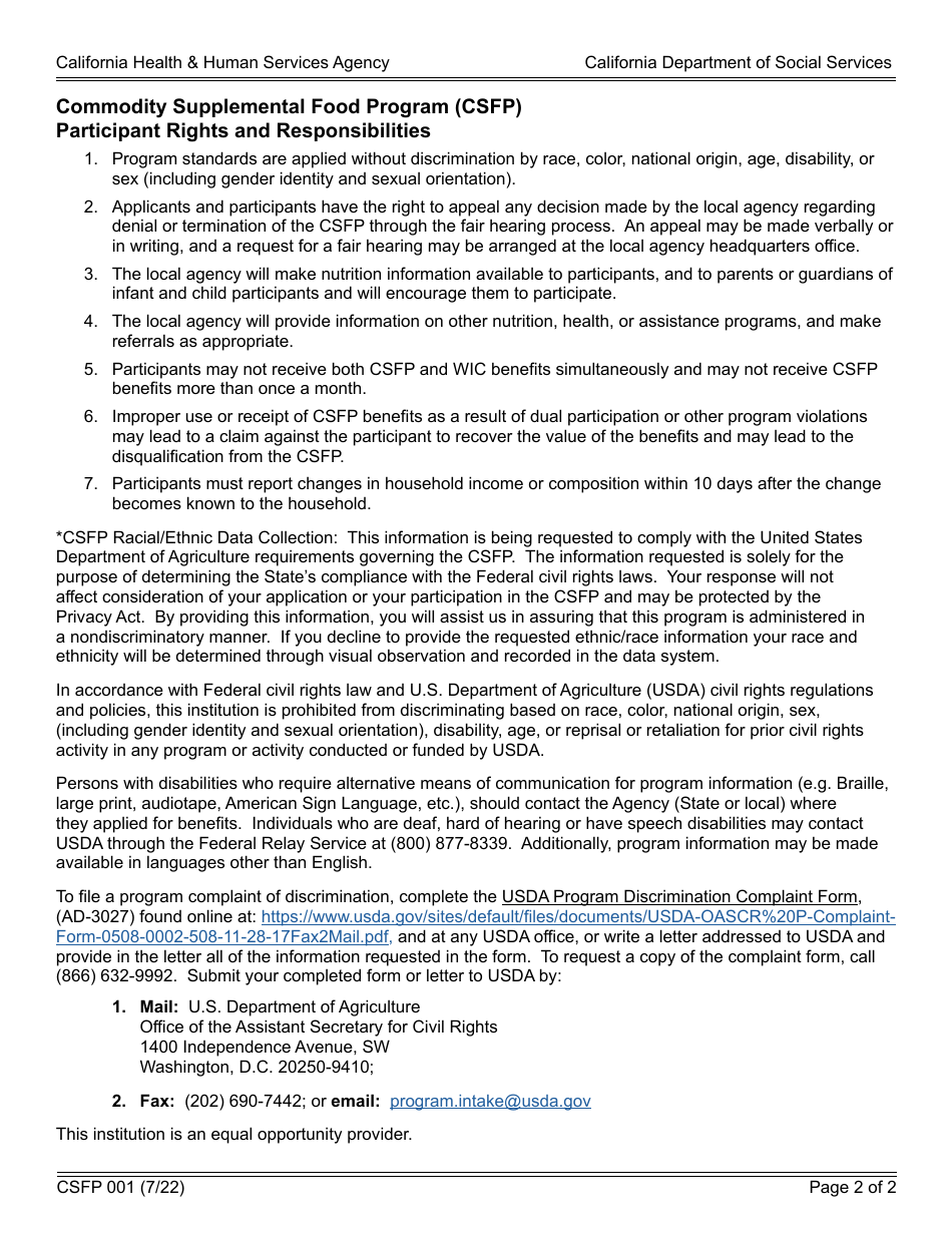 Form CSFP001 Participant Application - Commodity Supplemental Food Program (Csfp) - California, Page 2