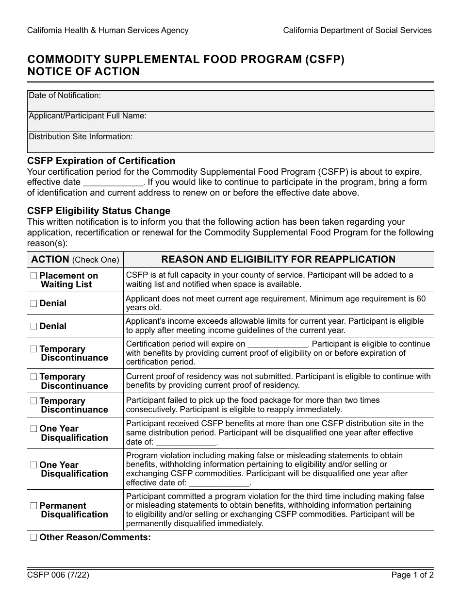 Form CSFP006 Notice of Action - Commodity Supplemental Food Program (Csfp) - California, Page 1