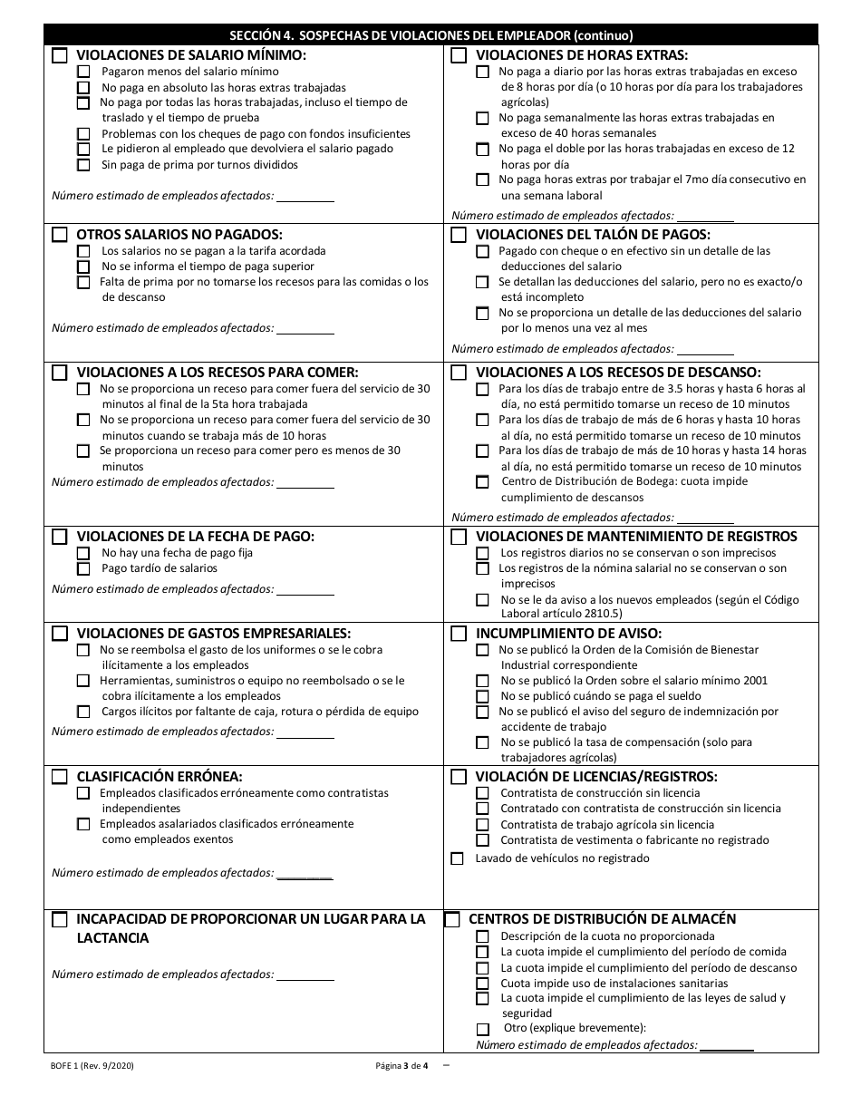 Formulario BOFE1 Informe De Violacion De La Ley Laboral - California (Spanish), Page 3
